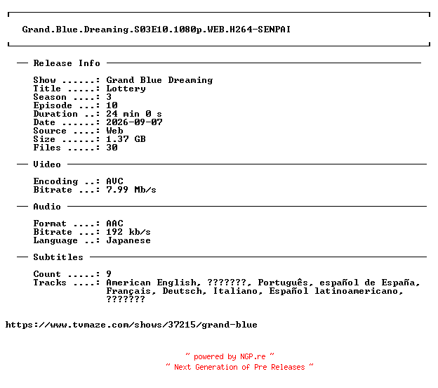 NFO for the release Grand.Blue.Dreaming.S03E10.1080p.WEB.H264-SENPAI by SENPAI