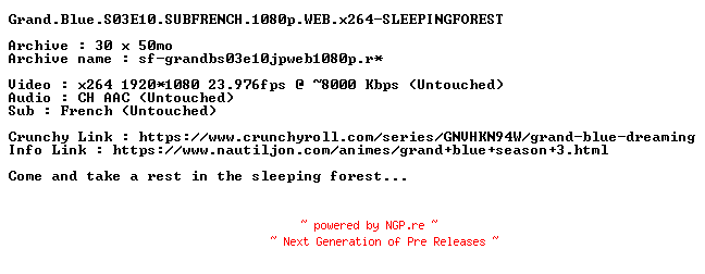 NFO for the release Grand.Blue.S03E10.SUBFRENCH.1080p.WEB.x264-SLEEPINGFOREST by SLEEPINGFOREST