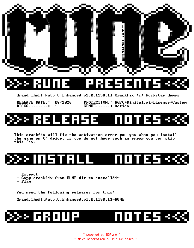 NFO for the release Grand.Theft.Auto.V.Enhanced.v1.0.1158.13.Crackfix-RUNE by RUNE