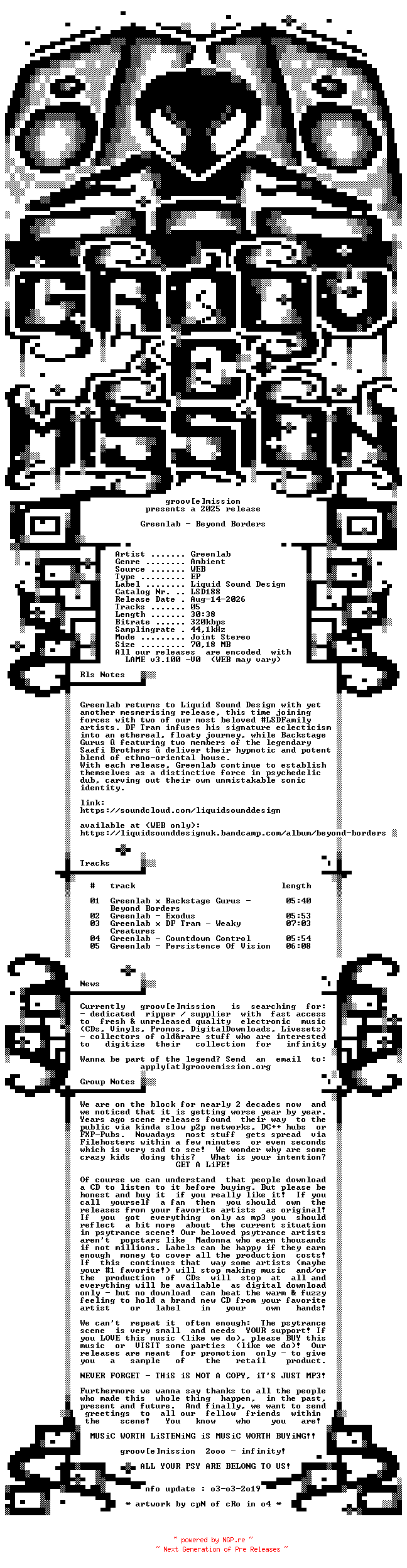 NFO for the release Greenlab_-_Beyond_Borders-(LSD188)-WEB-2025-gEm by gEm