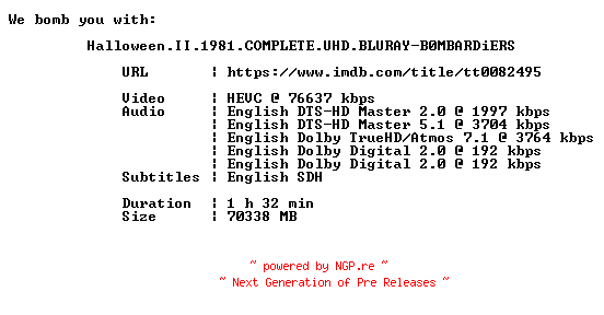 NFO for the release Halloween.II.1981.COMPLETE.UHD.BLURAY-B0MBARDiERS by B0MBARDiERS