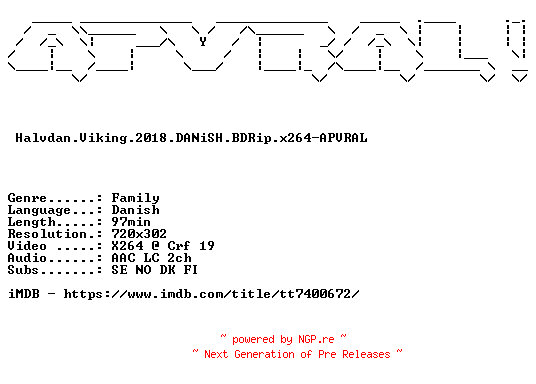 NFO for the release Halvdan.Viking.2018.DANiSH.BDRip.x264-APVRAL by APVRAL
