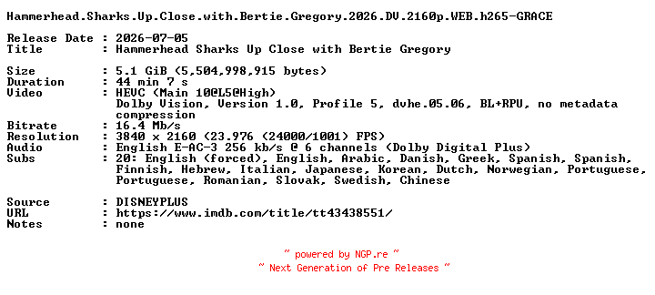 NFO for the release Hammerhead.Sharks.Up.Close.with.Bertie.Gregory.2026.DV.2160p.WEB.h265-GRACE by GRACE