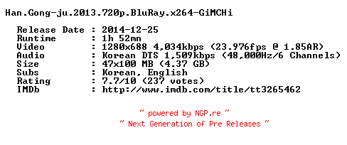 NFO for the release Han.Gong-ju.2013.720p.BluRay.x264-GiMCHi by GiMCHi
