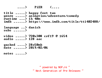 NFO for the release Happy.Feet.Two.2011.iNTERNAL.DANiSH.BDRip.x264-PiER by PiER