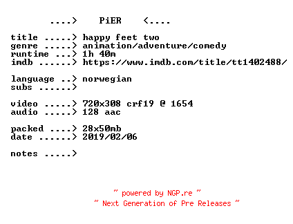 NFO for the release Happy.Feet.Two.2011.iNTERNAL.NORWEGiAN.BDRip.x264-PiER by PiER