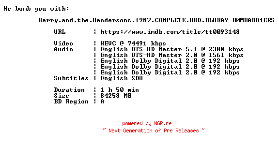 NFO for the release Harry.and.the.Hendersons.1987.COMPLETE.UHD.BLURAY-B0MBARDiERS by B0MBARDiERS