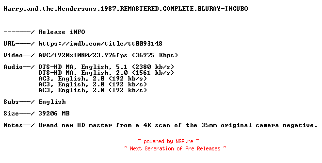 NFO for the release Harry.and.the.Hendersons.1987.REMASTERED.COMPLETE.BLURAY-INCUBO by INCUBO