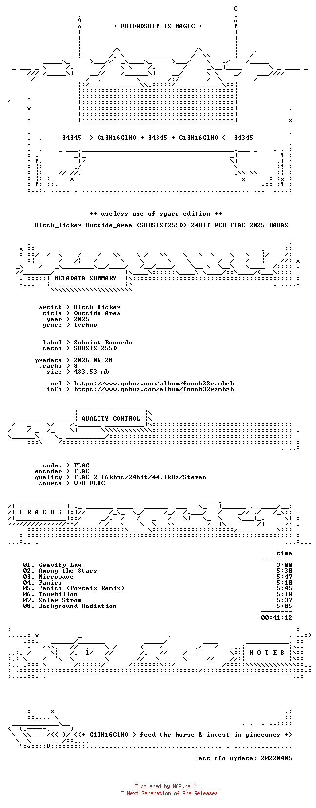 NFO for the release Hitch_Hicker-Outside_Area-(SUBSIST255D)-24BIT-WEB-FLAC-2025-BABAS by BABAS