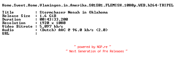 NFO for the release Home.Sweet.Home.Vlamingen.in.Amerika.S01E01.FLEMISH.1080p.WEB.h264-TRIPEL by TRIPEL