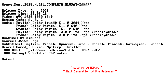 NFO for the release Honey.Dont.2025.MULTi.COMPLETE.BLURAY-ZAHARA by ZAHARA