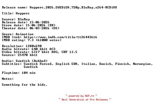 NFO for the release Hoppers.2026.SWEDiSH.720p.BluRay.x264-RCDiVX by RCDiVX