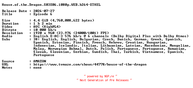NFO for the release House.of.the.Dragon.S03E06.1080p.WEB.h264-ETHEL by ETHEL