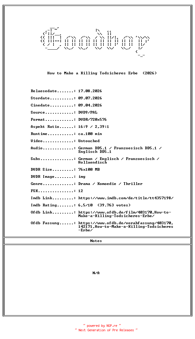 NFO for the release How.To.Make.A.Killing.Todsicheres.Erbe.GERMAN.2026.ML.COMPLETE.PAL.DVD9-Goodboy by Goodboy