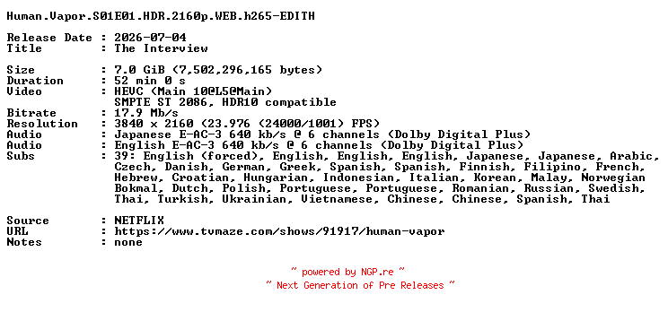 NFO for the release Human.Vapor.S01E01.HDR.2160p.WEB.h265-EDITH by EDITH