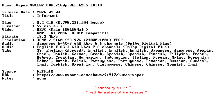 NFO for the release Human.Vapor.S01E02.HDR.2160p.WEB.h265-EDITH by EDITH