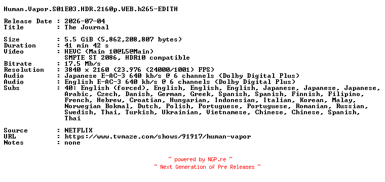 NFO for the release Human.Vapor.S01E03.HDR.2160p.WEB.h265-EDITH by EDITH