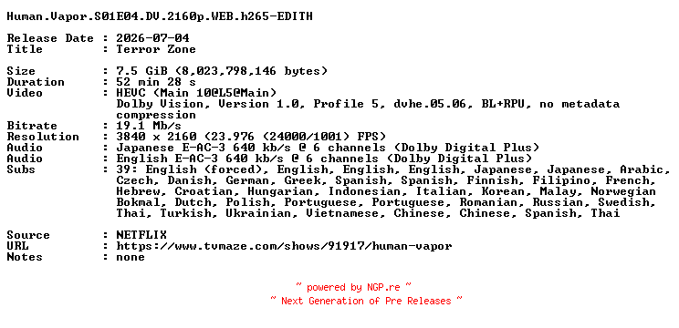 NFO for the release Human.Vapor.S01E04.DV.2160p.WEB.h265-EDITH by EDITH