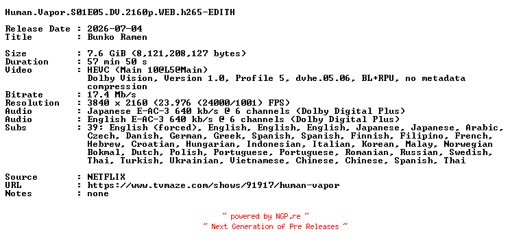 NFO for the release Human.Vapor.S01E05.DV.2160p.WEB.h265-EDITH by EDITH