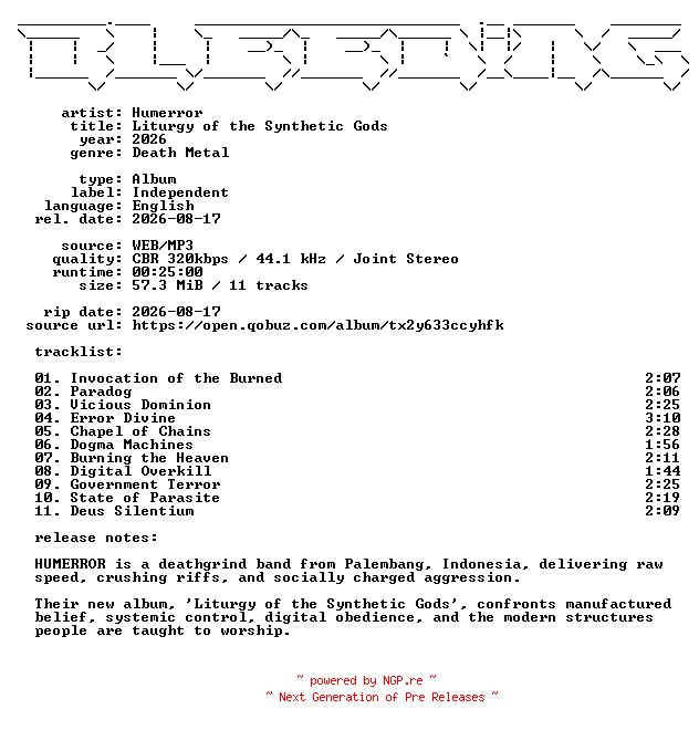 NFO for the release Humerror-Liturgy_of_the_Synthetic_Gods-WEB-2026-BLEEDiNG by BLEEDiNG