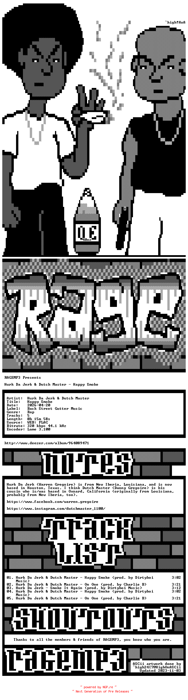 NFO for the release Hurk_Da_Jerk_And_Dutch_Master-Happy_Smoke-EP-WEB-2026-RAGEMP3 by RAGEMP3