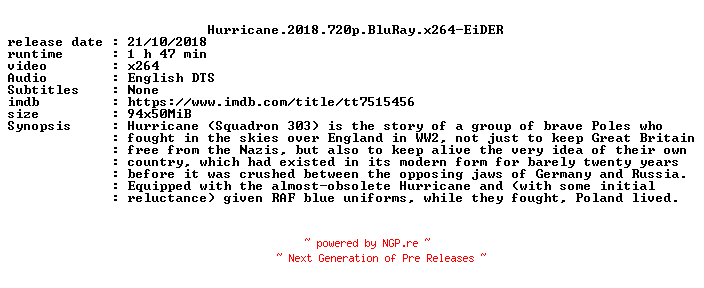 NFO for the release Hurricane.2018.720p.BluRay.x264-EiDER by EiDER