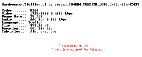 NFO for the release Husdrommar.Sicilien.Vintageresan.S04E04.SWEDiSH.1080p.WEB.H264-KORPI by KORPI