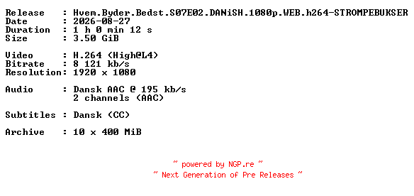 NFO for the release Hvem.Byder.Bedst.S07E02.DANiSH.1080p.WEB.h264-STROMPEBUKSER by STROMPEBUKSER