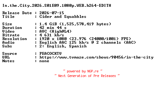 NFO for the release In.the.City.2026.S01E09.1080p.WEB.h264-EDITH by EDITH
