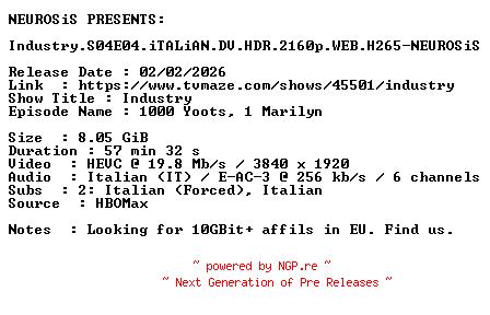 NFO for the release Industry.S04E04.iTALiAN.DV.HDR.2160p.WEB.H265-NEUROSiS by NEUROSiS