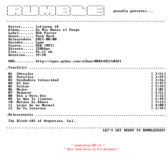 NFO for the release Infierno_18-En_Mis_Manos_El_Fuego-(WEB)-AR-2015-RUMBLE by RUMBLE