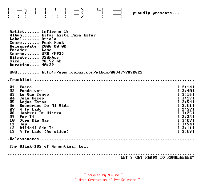 NFO for the release Infierno_18-Estas_Lista_Para_Esto-(WEB)-AR-2006-RUMBLE by RUMBLE