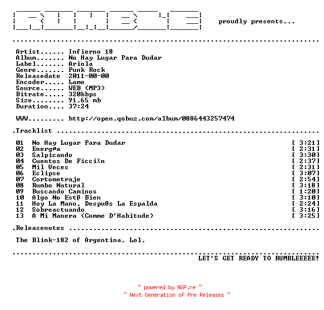 NFO for the release Infierno_18-No_Hay_Lugar_Para_Dudar-(WEB)-AR-2011-RUMBLE by RUMBLE