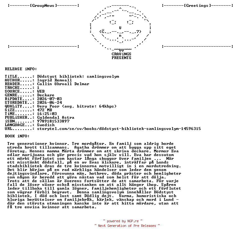 NFO for the release Ingrid_Remvall_-_Doedstyst_Bibliotek_Samlingsvolym-AUDiOBOOK-WEB-SE-2026-CRAViNGS_iNT by CRAViNGS_iNT