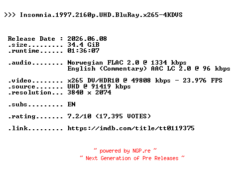 NFO for the release Insomnia.1997.2160p.UHD.BluRay.x265-4KDVS by 4KDVS