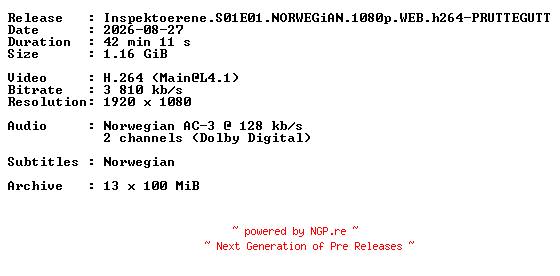 NFO for the release Inspektoerene.S01E01.NORWEGiAN.1080p.WEB.h264-PRUTTEGUTT by PRUTTEGUTT