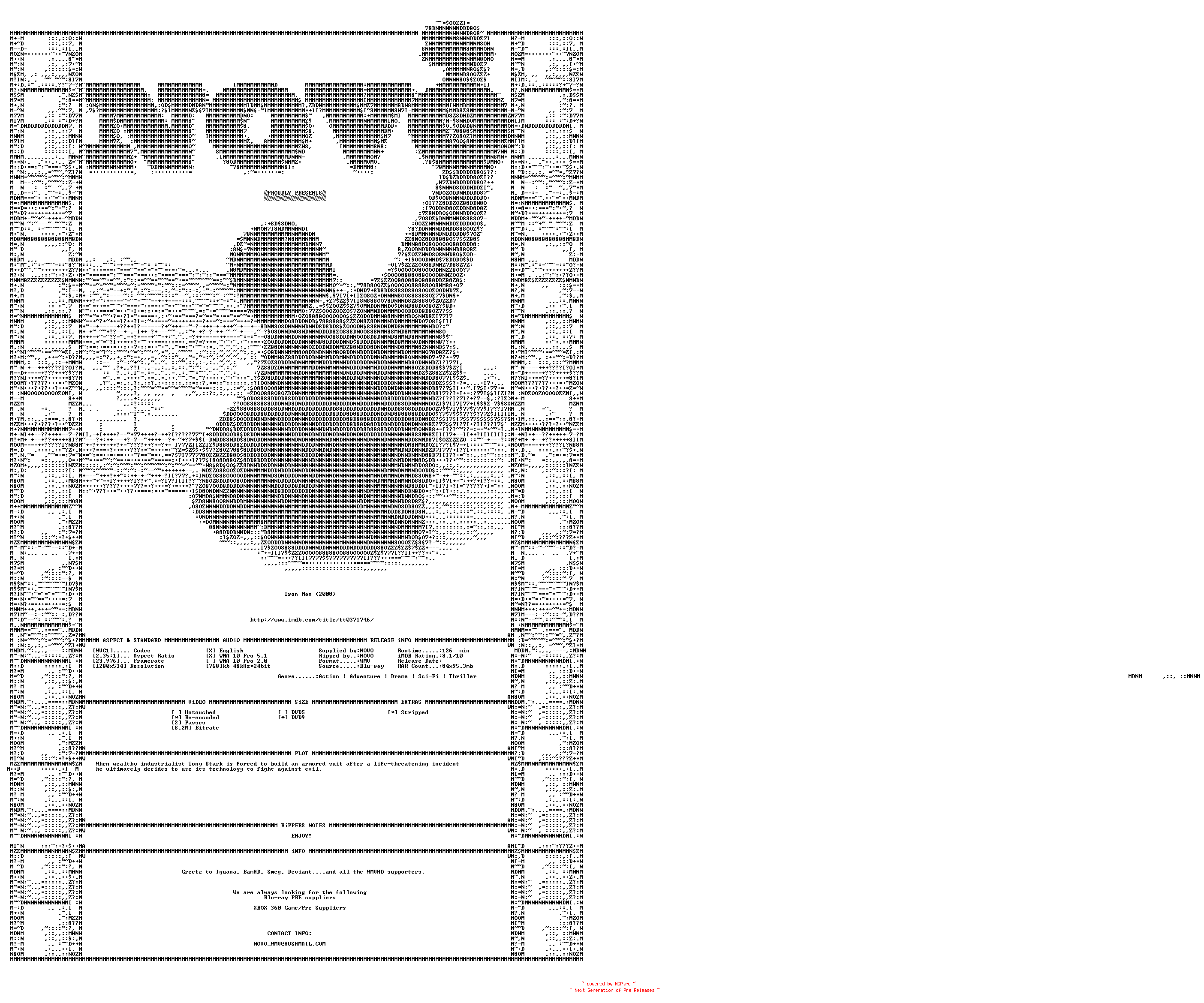 NFO for the release Iron.Man.2008.Bluray.VC1.720P.5.1.WMV-NOVO by NOVO