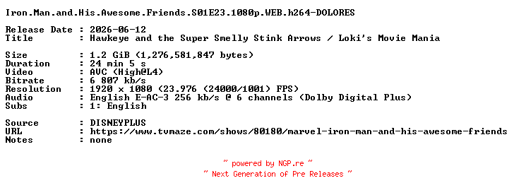 NFO for the release Iron.Man.and.His.Awesome.Friends.S01E23.1080p.WEB.h264-DOLORES by DOLORES