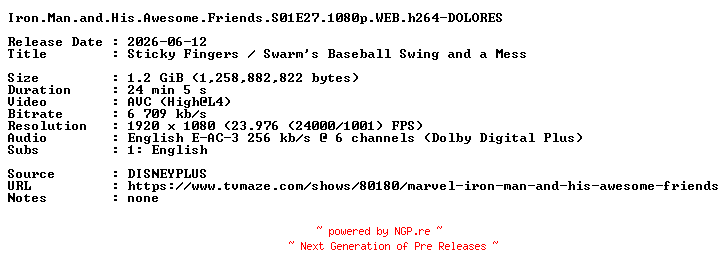 NFO for the release Iron.Man.and.His.Awesome.Friends.S01E27.1080p.WEB.h264-DOLORES by DOLORES