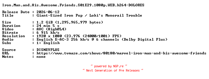 NFO for the release Iron.Man.and.His.Awesome.Friends.S01E29.1080p.WEB.h264-DOLORES by DOLORES