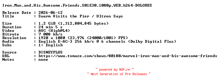 NFO for the release Iron.Man.and.His.Awesome.Friends.S01E30.1080p.WEB.h264-DOLORES by DOLORES