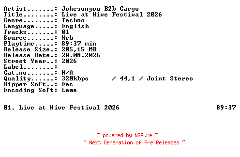 NFO for the release JOKESONYOU_B2B_CARGO-Live_at_HIVE_Festival_2026-WEB-2026-XTC_iNT by XTC_iNT