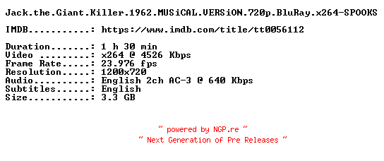 NFO for the release Jack.the.Giant.Killer.1962.MUSiCAL.VERSiON.720p.BluRay.x264-SPOOKS by SPOOKS