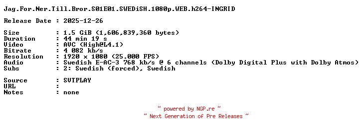 NFO for the release Jag.For.Ner.Till.Bror.S01E01.SWEDiSH.1080p.WEB.h264-INGRID by INGRID