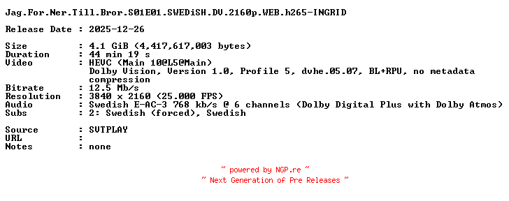 NFO for the release Jag.For.Ner.Till.Bror.S01E01.SWEDiSH.DV.2160p.WEB.h265-INGRID by INGRID