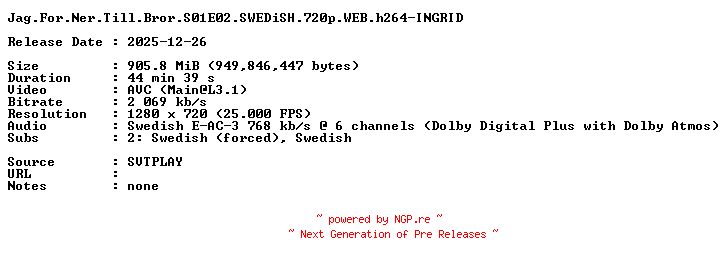 NFO for the release Jag.For.Ner.Till.Bror.S01E02.SWEDiSH.720p.WEB.h264-INGRID by INGRID