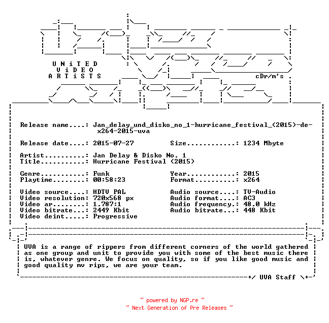 NFO for the release Jan_delay_und_disko_no_1-hurricane_festival_(2015)-de-x264-2015-uva by uva