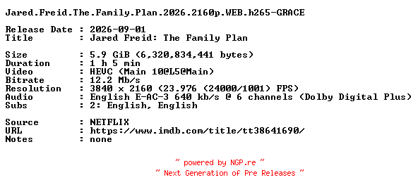 NFO for the release Jared.Freid.The.Family.Plan.2026.2160p.WEB.h265-GRACE by GRACE