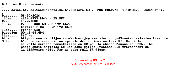 NFO for the release Jayce.Et.Les.Conquerants.De.La.Lumiere.E03.REMASTERED.MULTi.1080p.WEB.x264-D4KiD by D4KiD