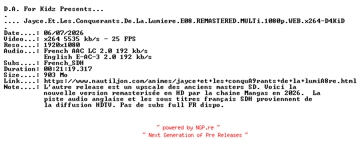 NFO for the release Jayce.Et.Les.Conquerants.De.La.Lumiere.E08.REMASTERED.MULTi.1080p.WEB.x264-D4KiD by D4KiD